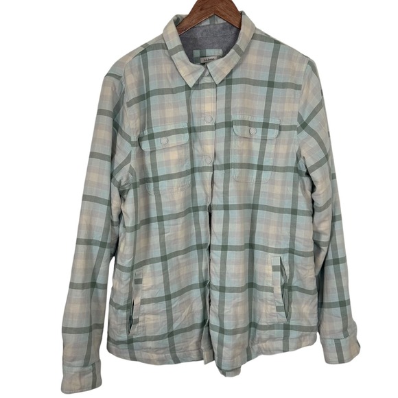 LL Bean Men's Plaid Flannel Lined Shirt Jacket Shirt Size Large Green Gray - Picture 2 of 11